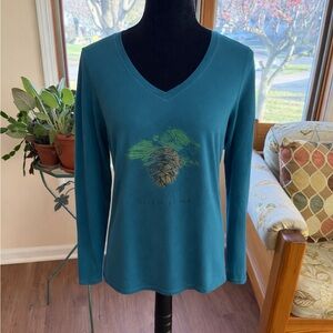 Life is Good long sleeve V-neck teal T, size M